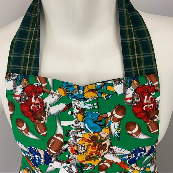 Homemade Full Bib Apron Football Tartan Green Blue - Picture 2 of 5